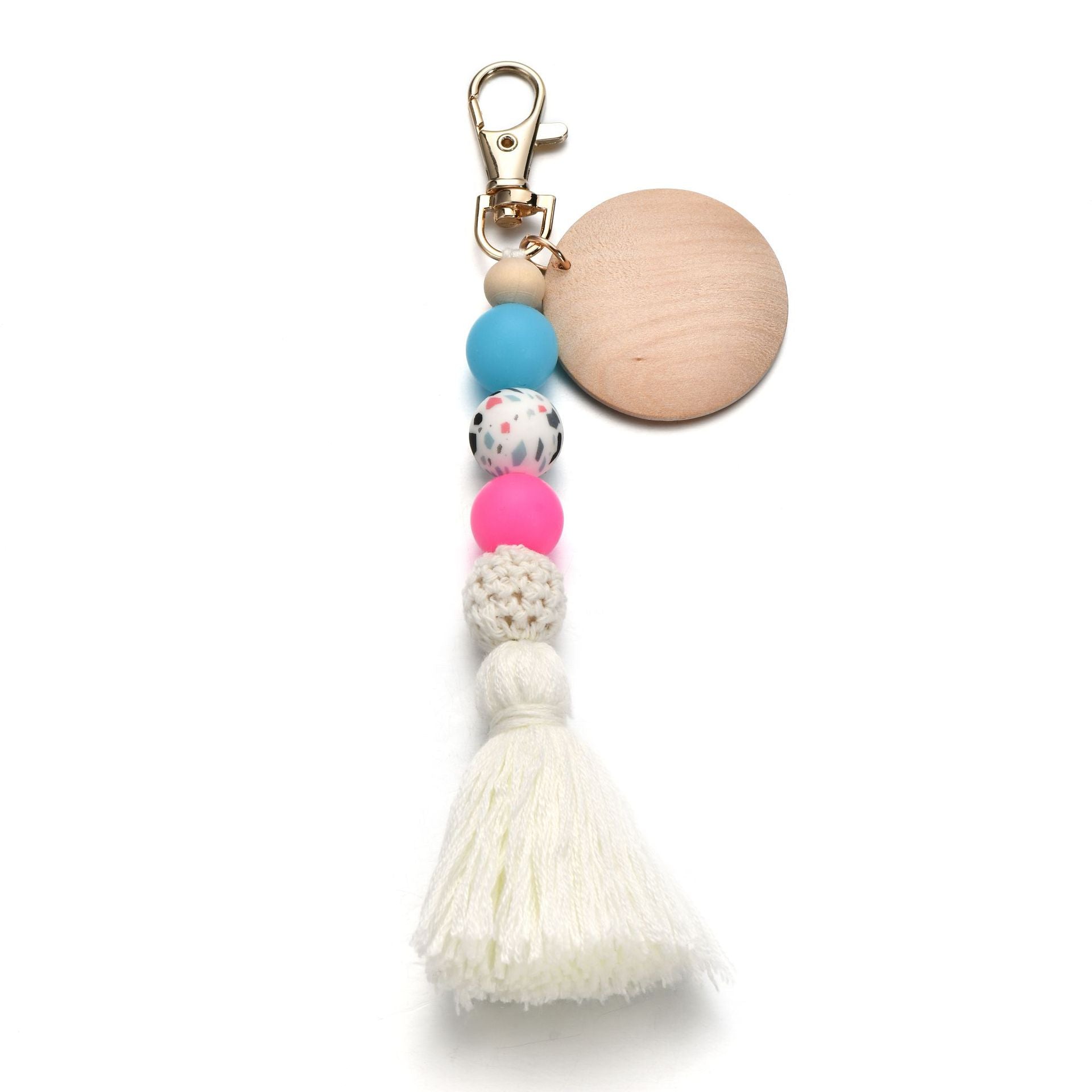 Wholesale Fluorescent Silicone Bead Wood Chip Tassel Keychain